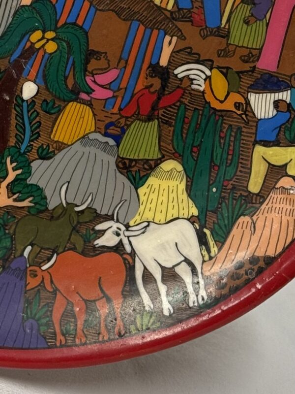 Vibrant Red-Ringed 10-inch Hand-Painted Mexican Folk Art  Terracotta Wall Plate  - Image 3