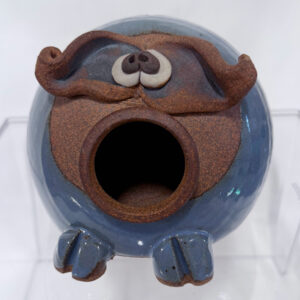 Blue Clay Piggy Bank with wide open mouth