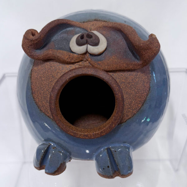 Blue Clay Piggy Bank with wide open mouth